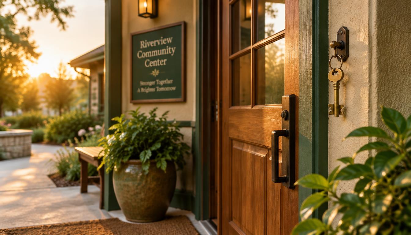 The warm, welcoming entrance of a community center at golden hour, with a brass key hanging beside the door
